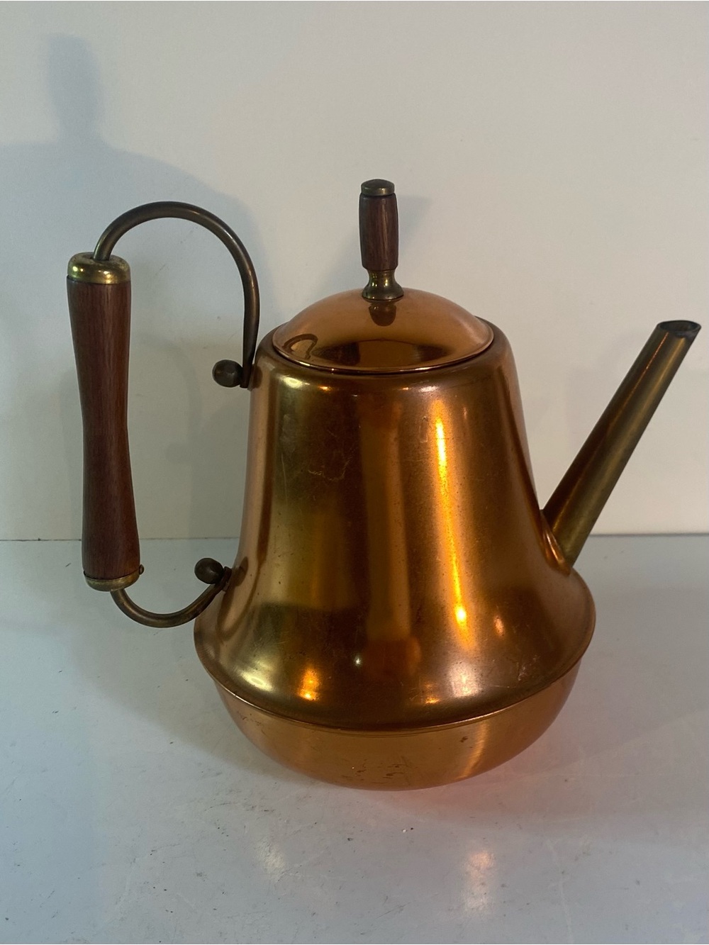 Vintage Mid Century Spartan Copper Teapot - Wooden Handle and Brass Accents